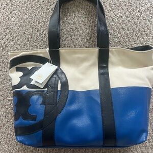 Tory Burch Blue and Black Canvas Tote